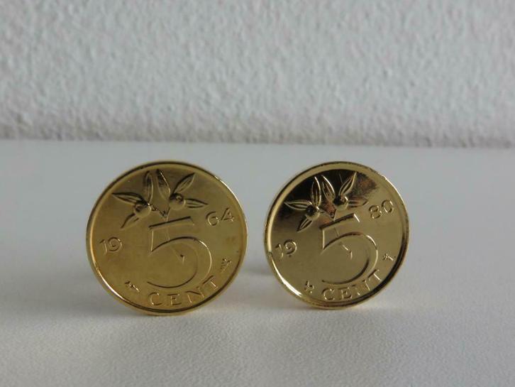 Setje manchetknopen 5 cent stuiver (goudkleur), Sieraden, Tassen en Uiterlijk, Manchetknopen, Zo goed als nieuw, Overige materialen