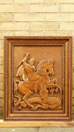 Sint Joris met de draak - handgestoken houten paneel, Ophalen of Verzenden, Gebruikt, Kaart of Prent