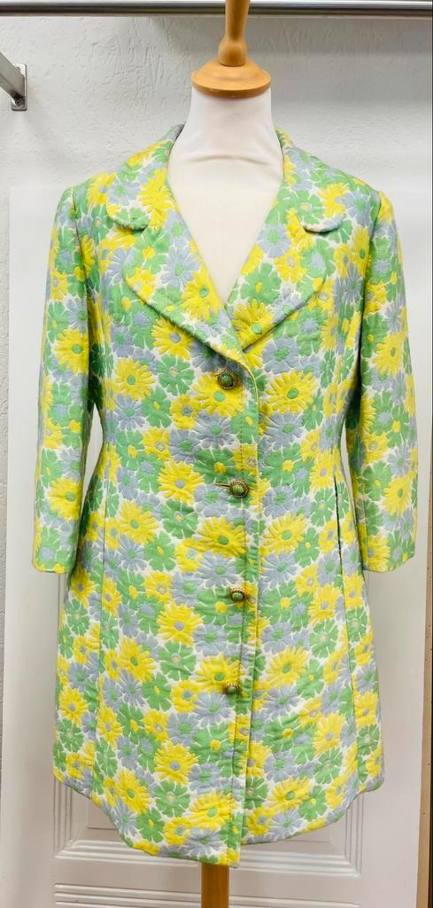 Vintage jaren 60 70 jurk bloemen geel groen grijs maat M L, Kleding | Dames, Jurken, Zo goed als nieuw, Groen, Ophalen of Verzenden