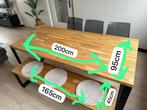 Eikenhouten eettafel, eetbankje en stoelen  (industrieel), Huis en Inrichting, 200 cm of meer, 50 tot 100 cm, Rechthoekig, Eikenhout