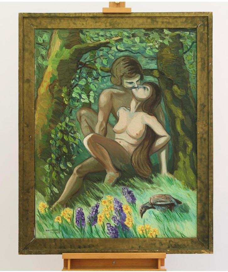 Olieverf Schilderij Liefdespaar HW v Meines, Antiek en Kunst, Kunst | Schilderijen | Klassiek, Ophalen of Verzenden