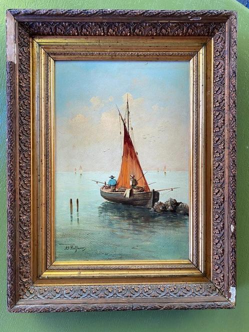 A. Balfourier schilderij vissersboot op houten paneel, Antiek en Kunst, Kunst | Schilderijen | Klassiek, Ophalen of Verzenden