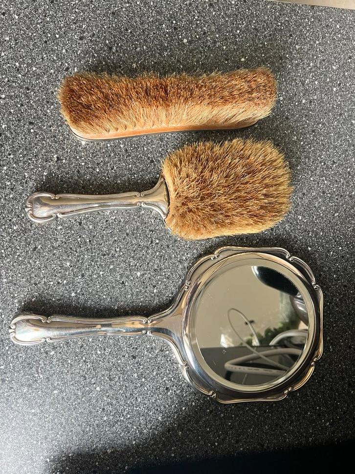 Kaptafel Set: Spiegel, Borstels, MB/BM zilver verzilverd, Antiek en Kunst, Antiek | Goud en Zilver, Zilver, Ophalen of Verzenden