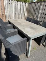 Hardstenen tuintafel met 6 stoelen en kussens, Ophalen, Gebruikt, Eettafel, 6 zitplaatsen