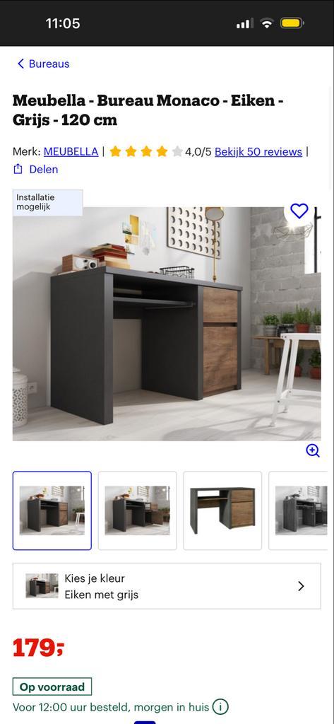 Meubella Bureau Monaco - Eiken Grijs - 120cm, Huis en Inrichting, Bureaus, Zo goed als nieuw, Bureau, Ophalen of Verzenden