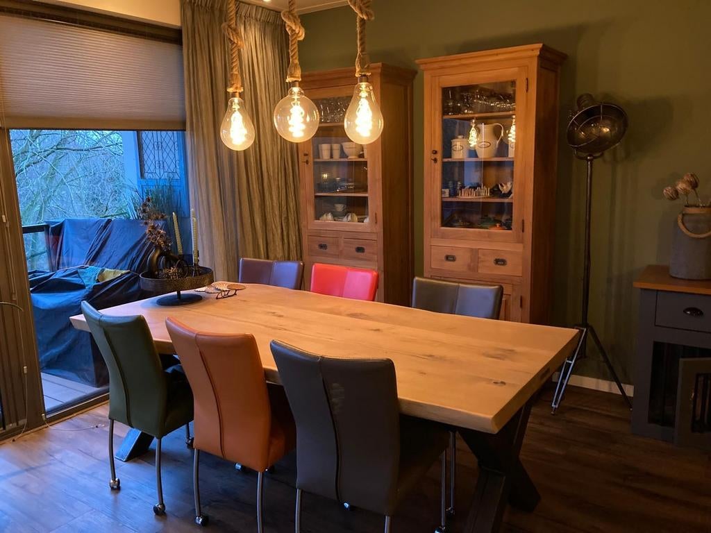 Zes lederen eetkamerstoelen in verschillende kleuren, Huis en Inrichting, Stoelen, Ophalen, Gebruikt, Overige kleuren, Leer