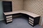 Hoekbureau zwart metaal met ahorn blad en kast, Ophalen, Gebruikt, Bureau