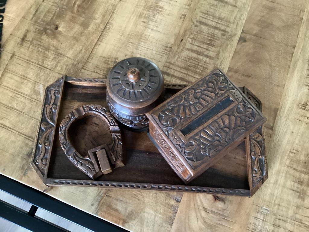 Antieke houten rookset met gedetailleerd houtsnijwerk, Antiek en Kunst, Ophalen