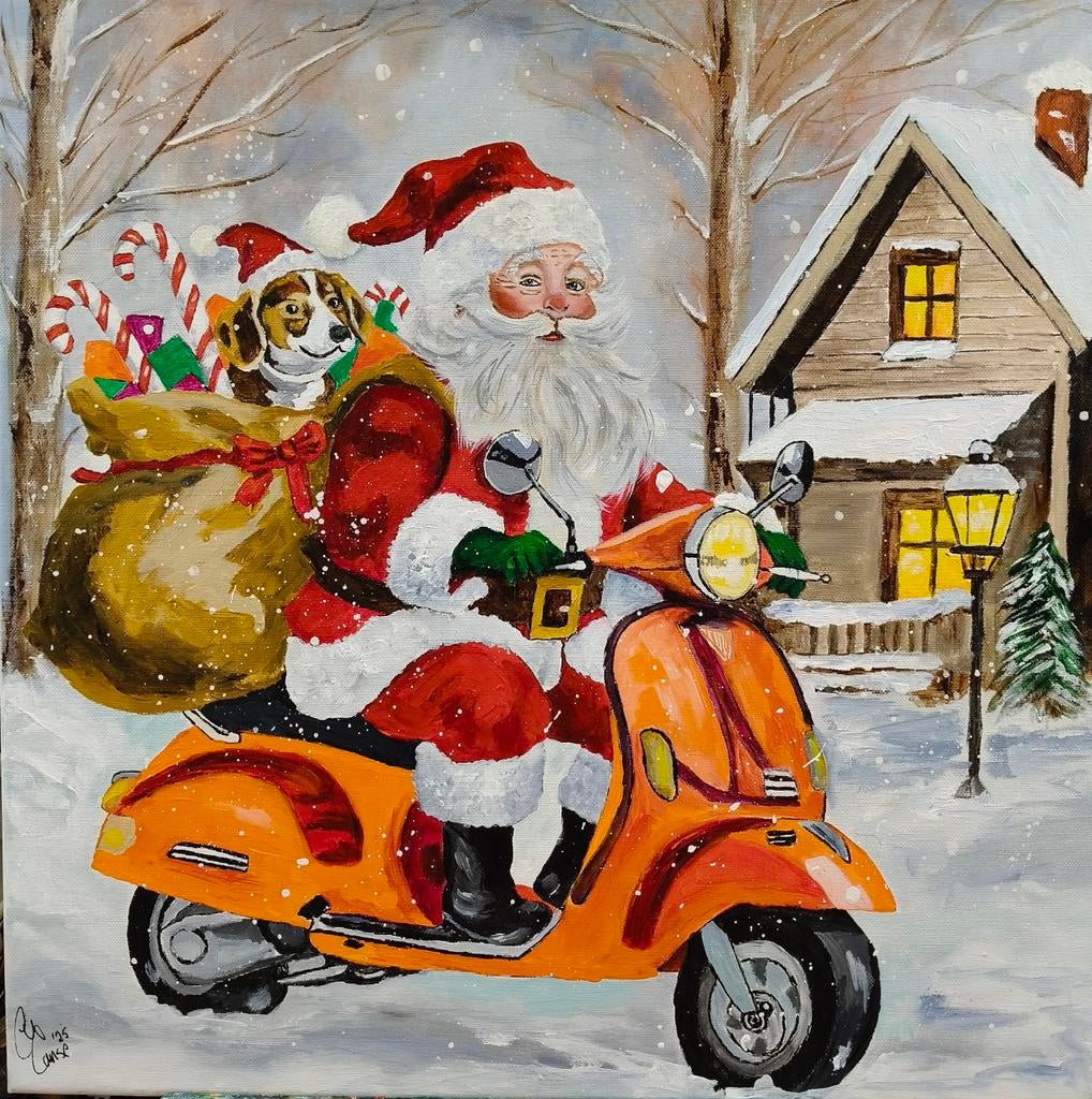 Schilderij kerstman op scooter, Ophalen of Verzenden