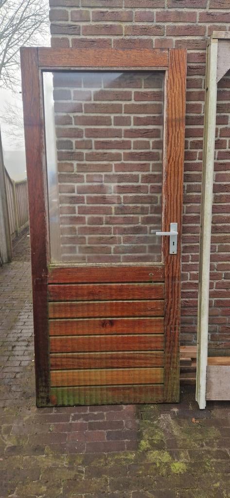 Hardhouten buitendeur met kozijn en ramen, Ophalen, Gebruikt, 80 tot 100 cm, Buitendeur