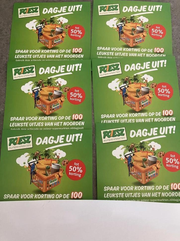 6 x Poiesz Dagje Uit  actiecode. Tot 50% korting., Verzamelen, Supermarktacties, Overige supermarkten, Ophalen of Verzenden