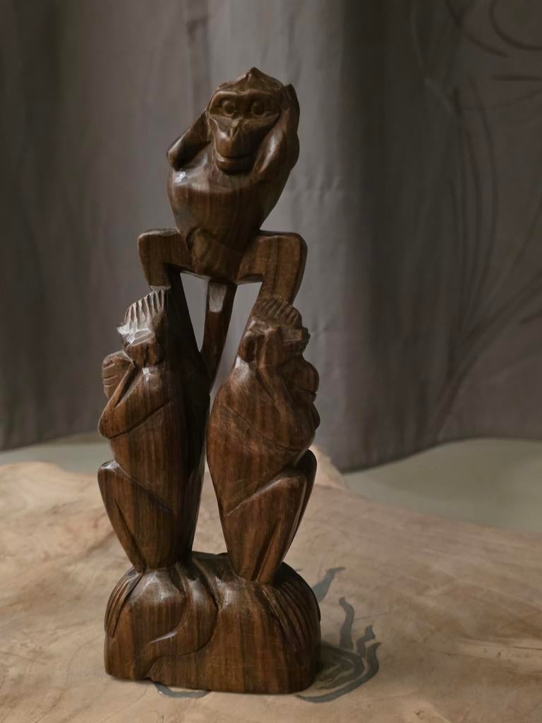 Houten Beeld: Drie Wijze Apen - Horen, Zien, Zwijgen, Ophalen of Verzenden, 20 - 50 cm, Beeld, Hout