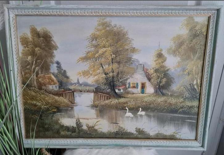 Landelijk olieverf schilderij aan het water, Antiek en Kunst, Kunst | Schilderijen | Klassiek, Ophalen of Verzenden