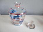 Art deco glazen karaf vaas met rode en blauwe ringen en stop, Ophalen of Verzenden
