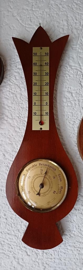 Vintage Barometer en Thermometer op Houten Plaat, Ophalen of Verzenden, Gebruikt, Weerstation