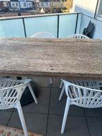 Houten tafel 200x100 met 4 witte stoelen, Gebruikt, 200 cm of meer, Vier personen, Rechthoekig