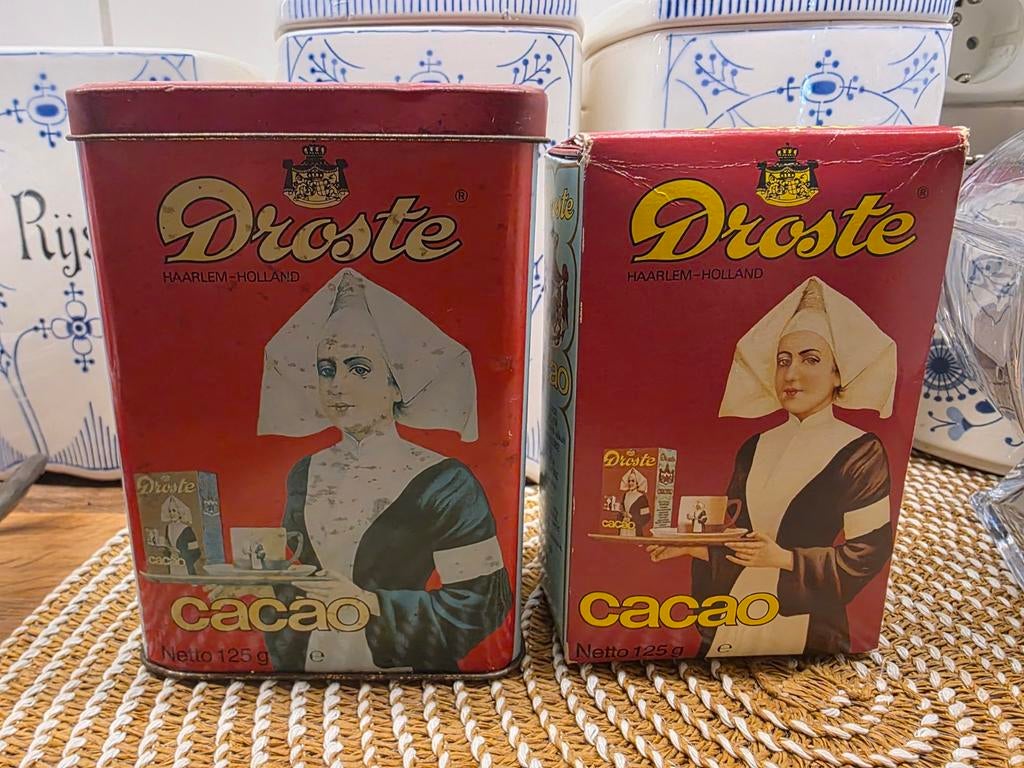 Droste cacaoblik met volle verpakking cacaopoeder, Ophalen of Verzenden, Gebruikt, Verpakking