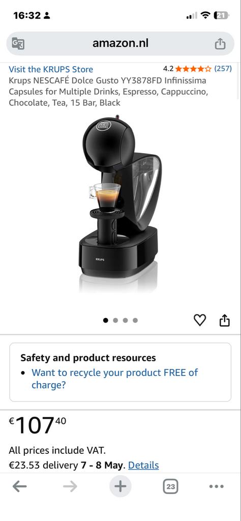 Krups Nescafé Dolce Gusto Infinissima Koffiezetapparaat, Ophalen, Koffiemachine, Zo goed als nieuw, 1 kopje