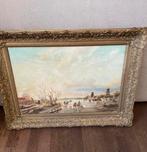 Olieverfschilderij Hollands Winterlandschap met Molens, Ophalen of Verzenden