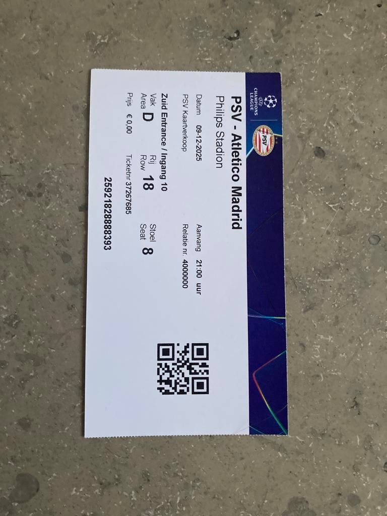 TICKET PSV-ATLETICO MADRID CHAMPIONS LEAGUE 25-26, Ophalen of Verzenden, Zo goed als nieuw, PSV, Overige typen