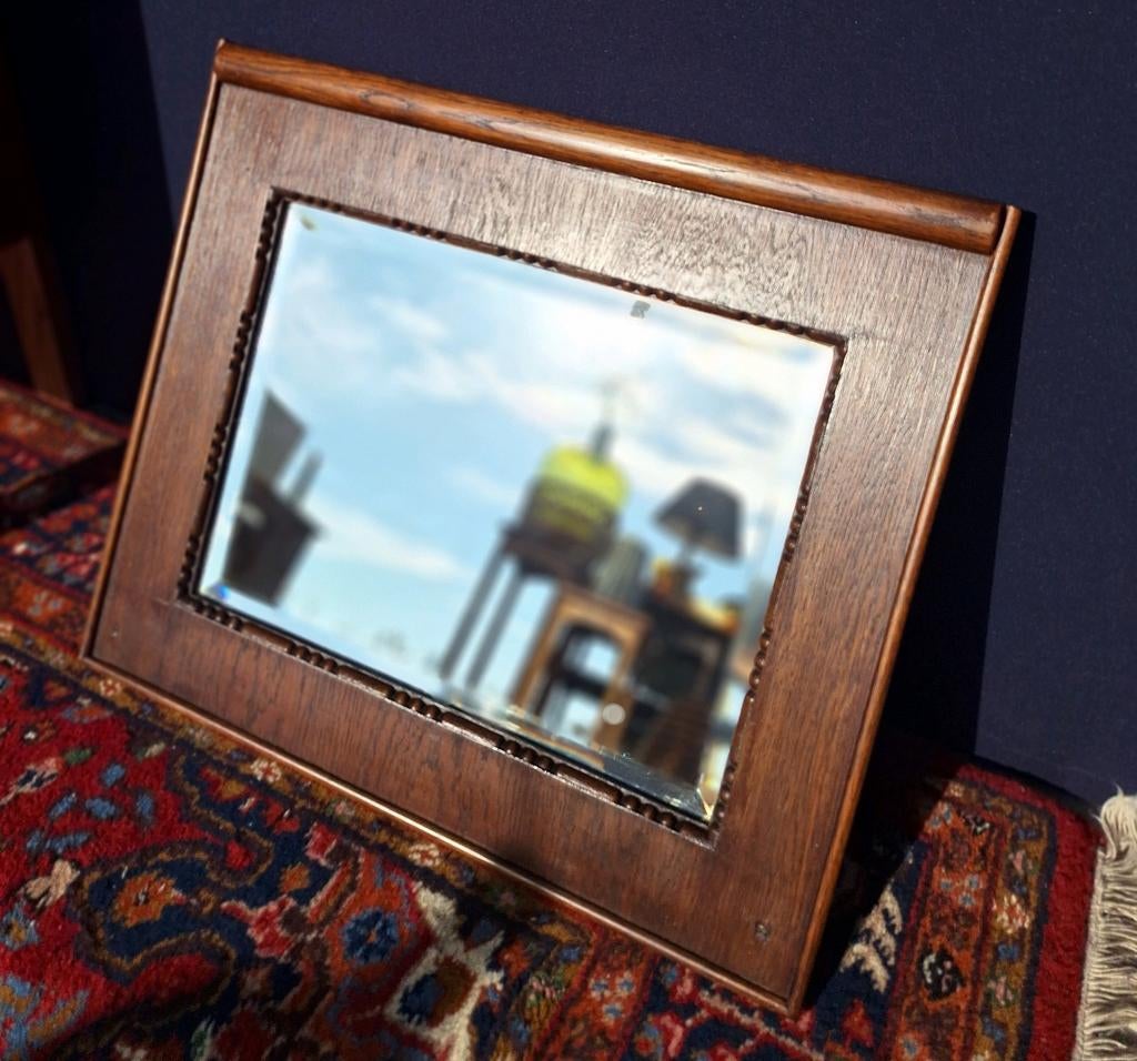 Vintage brocante spiegel, Amsterdamse school stijl, eiken, Minder dan 50 cm, Gebruikt, Vintage, Ophalen of Verzenden