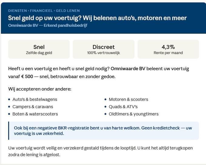 Snel geld nodig? Wij belenen uw waardevolle bezittingen, Diensten en Vakmensen, Geld en Leningen