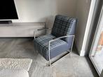 Montel fauteuil blauw stof/leer en rvs onderstel, Ophalen, Gebruikt, 75 tot 100 cm, Stof