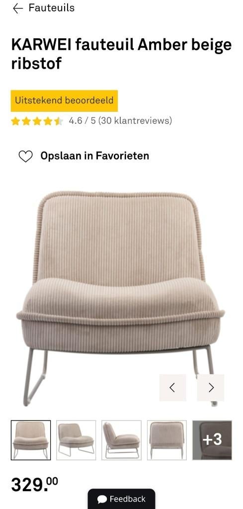 KARWEI fauteuil Amber beige ribstof, Ophalen, Overige materialen, Nieuw, 75 tot 100 cm