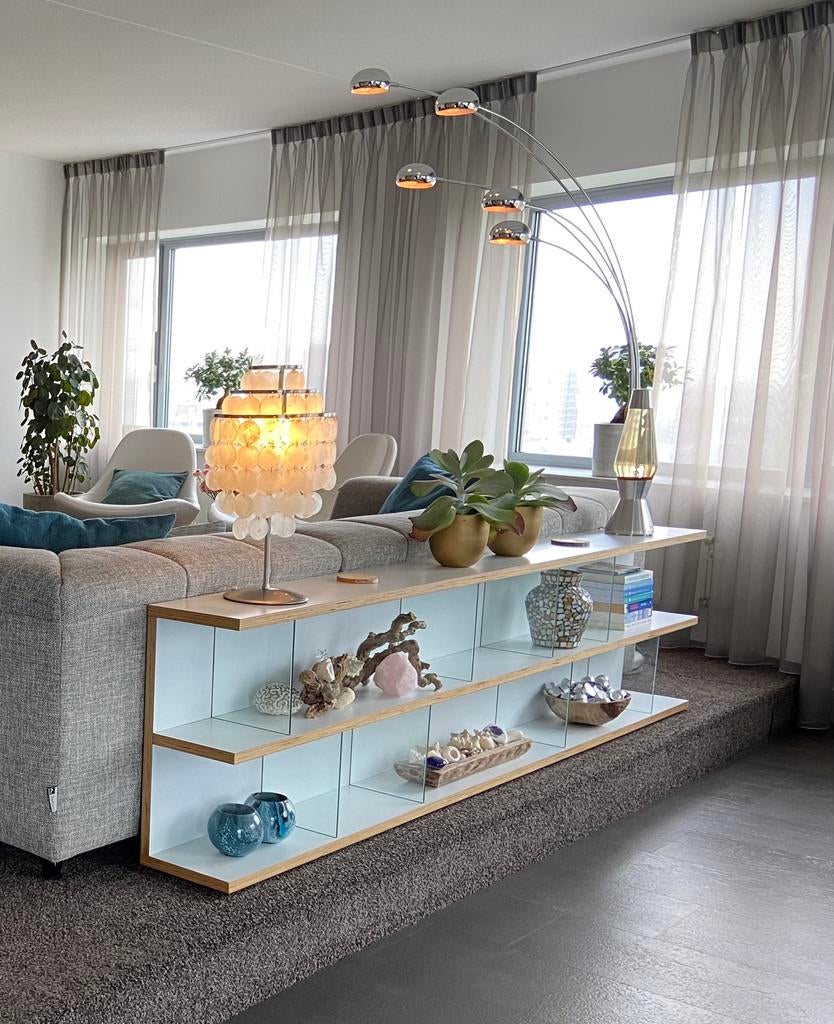 Unieke moderne witte design XL sidetable, handgemaakt., Huis en Inrichting, Ophalen, Glas, 200 cm of meer, Zo goed als nieuw