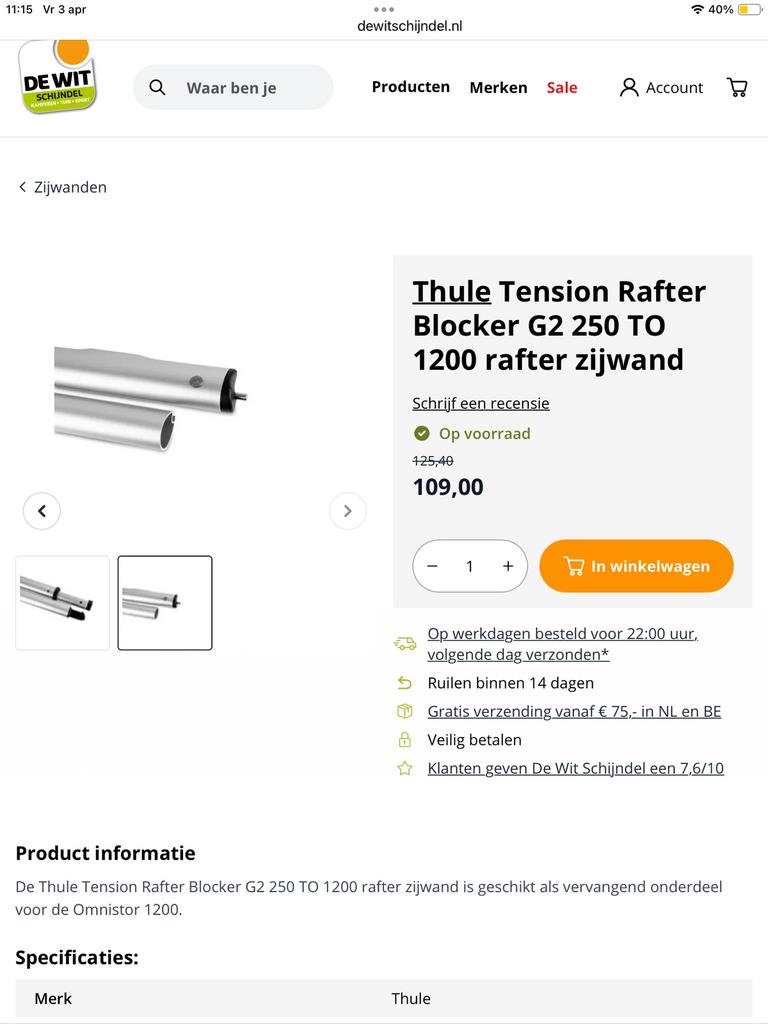 Spanstang tbv zijdoek Omnistar 1200 luifel, Ophalen of Verzenden, Zo goed als nieuw
