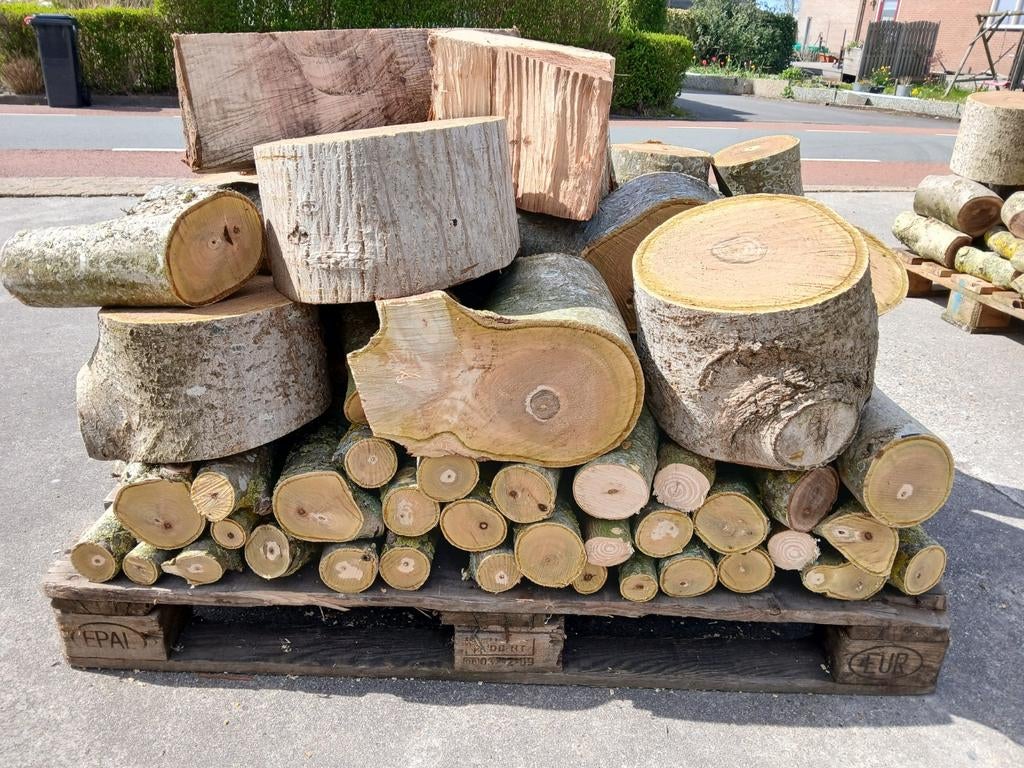 Volle pallet fruitboom en Amerikaanse Eik zwaar hout., Minder dan 3 m³, Ophalen of Verzenden, Overige houtsoorten, Blokken