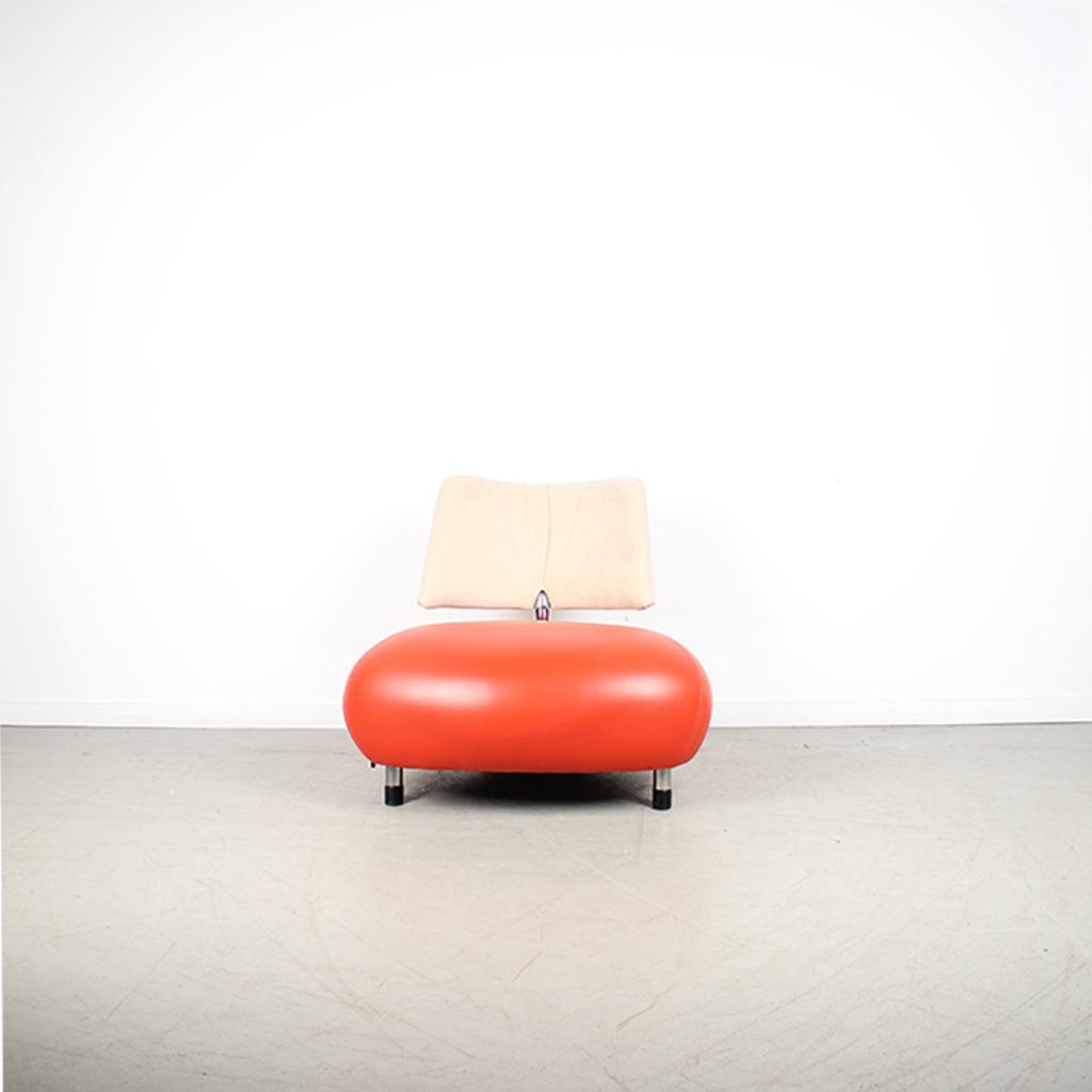 1x Leolux Pallone Fauteuil + Hocker Rood Leer + Wit Stof, Huis en Inrichting, Fauteuils, Niet ingevuld, Niet ingevuld, 75 tot 100 cm