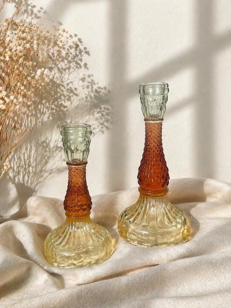 TE KOOP | Set vintage glazen kandelaars, Ophalen of Verzenden