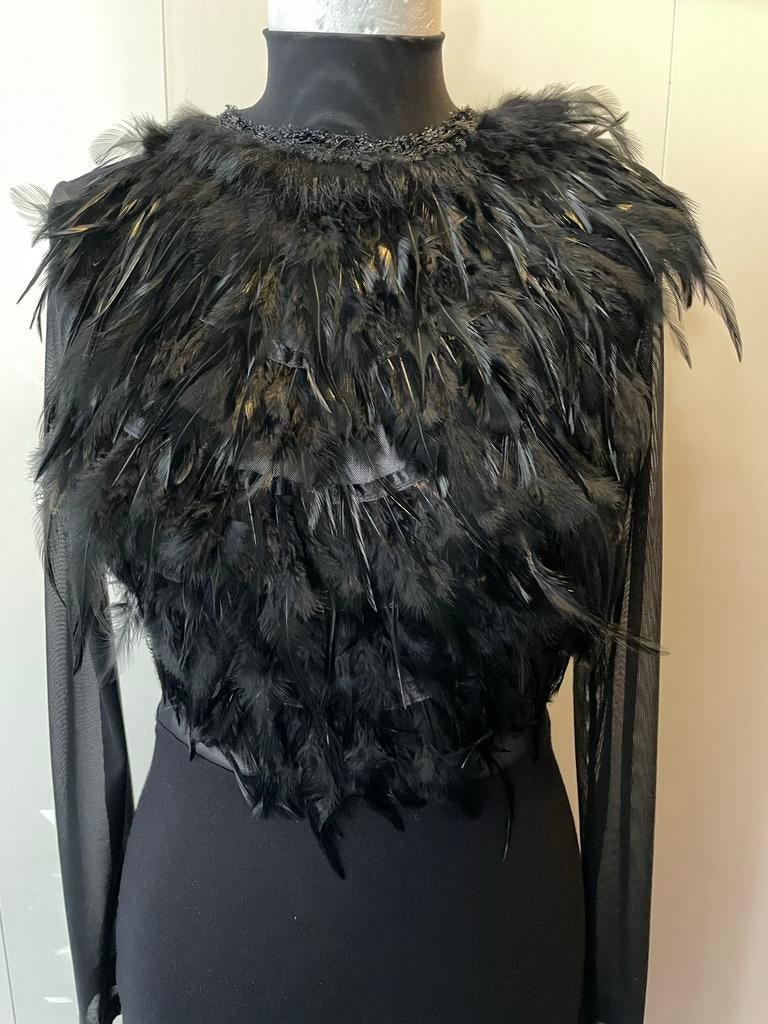 Kort Zwart sexy jurk met veren en transparante mouwen, Kleding | Dames, Jurken, Maat 38/40 (M), Zwart, Ophalen of Verzenden, Zo goed als nieuw