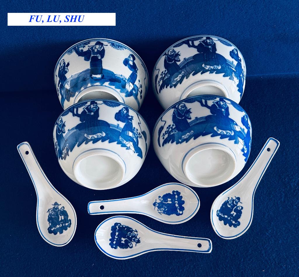4 x Chinese Fu Lu Shu Rijstkom + Lepel China = 8 delen, Ophalen