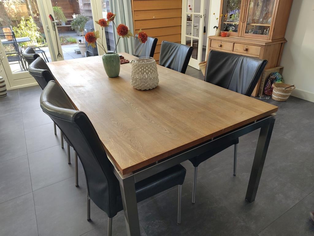 6 zwarte leren eetkamerstoelen, Huis en Inrichting, Tafels | Eettafels, Ophalen, Gebruikt, Rechthoekig, 50 tot 100 cm