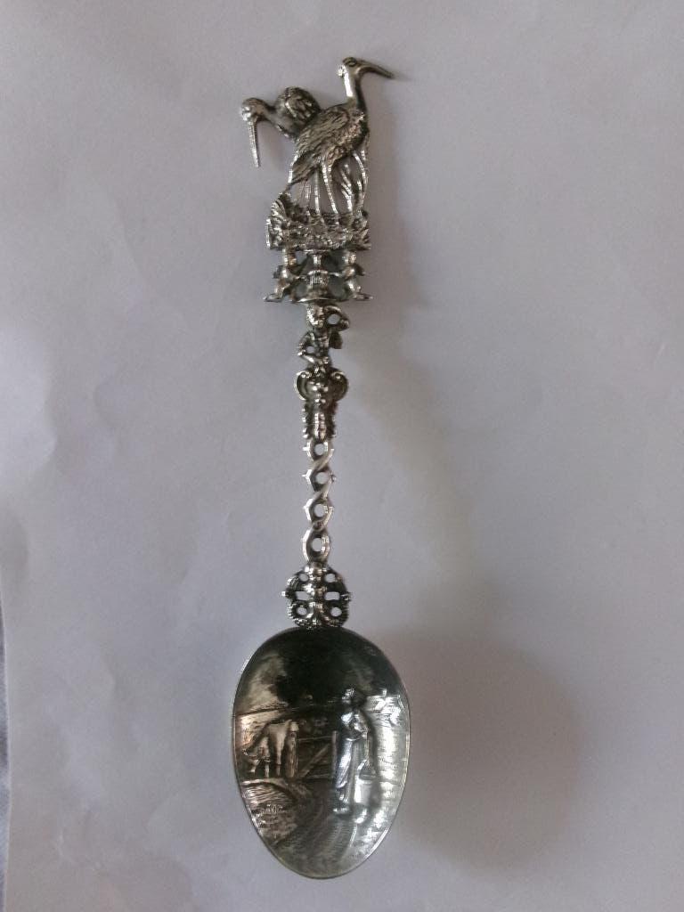 pracht grote zilveren geboorte lepel uniek stuk zilver, Antiek en Kunst, Verzenden, Zilver