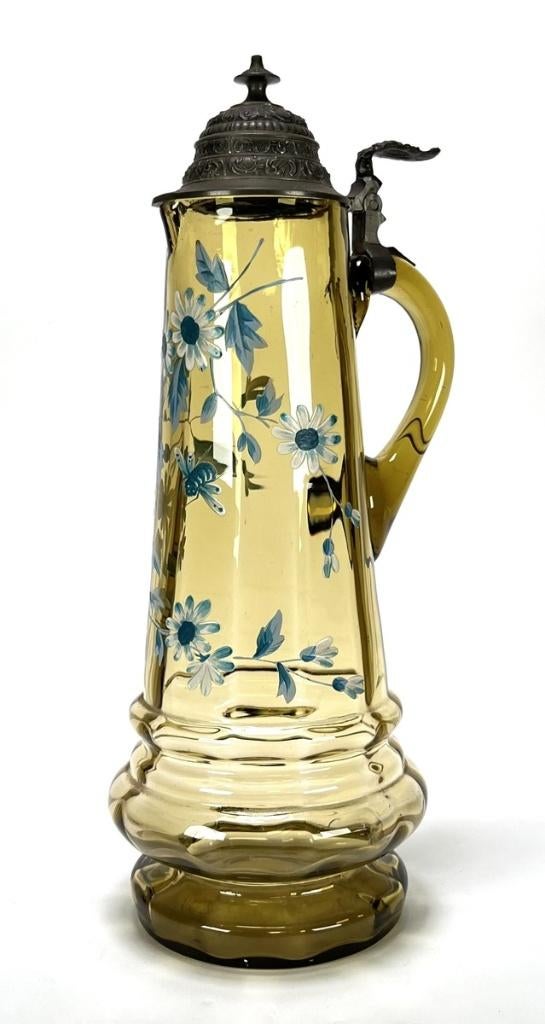 1256. Jugendstil glazen kan met floraal emaildecor, ca.1900, Ophalen of Verzenden