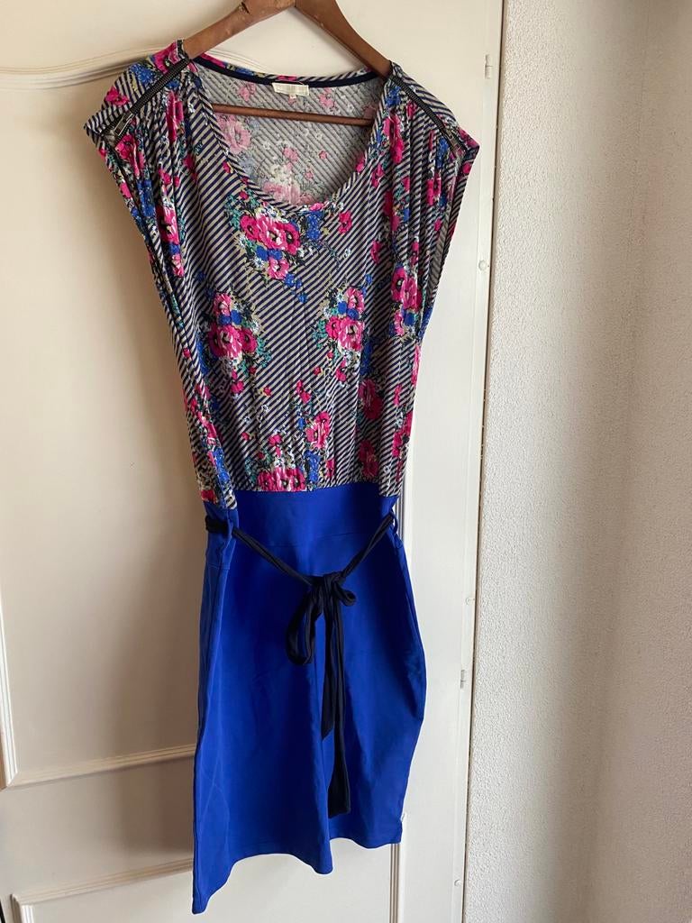 Prachtige Dept jurk met bloemenprint en blauwe rok, Blauw, Maat 42/44 (L), Ophalen of Verzenden, Zo goed als nieuw
