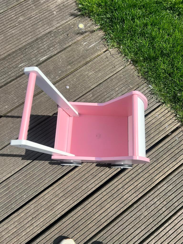 Houten Poppenwagen Roze Wit - Goede Staat, Ophalen of Verzenden, Gebruikt, Meisje