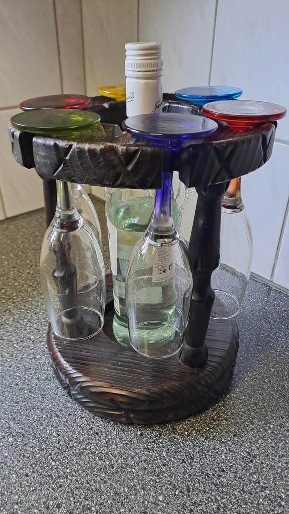 Vintage houten drankrekje met glazen, Ophalen of Verzenden, Zo goed als nieuw, N.v.t, N.v.t