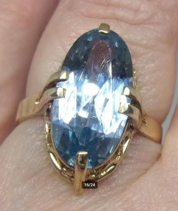 Antieke gouden ring met blauwe Topaas, Art Deco, 1920, Sieraden, Tassen en Uiterlijk, Antieke sieraden, Ring, Goud, Met edelsteen