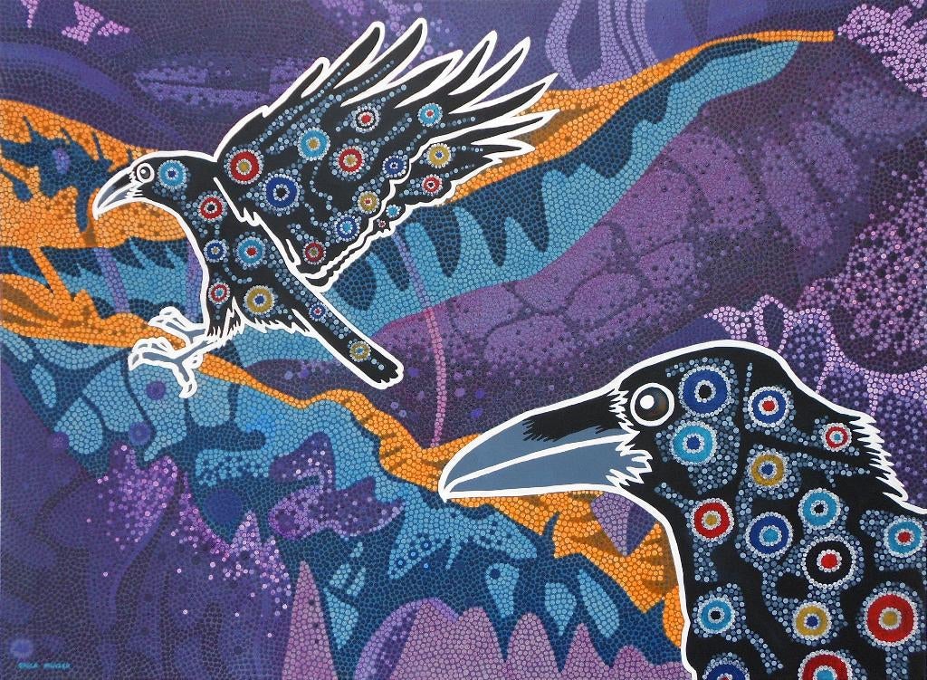 Prachtig kleurrijk (Aboriginal) schilderij van twee Raven, Ophalen of Verzenden