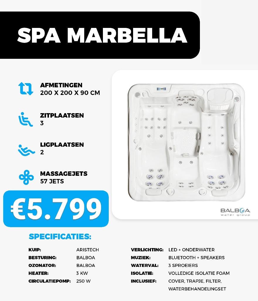 Spa Marbella – 4 pers jacuzzi – 200x200x90cm – 57 jets!, Ophalen, Nieuw