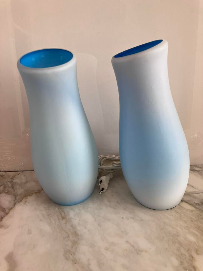 2 blauwe vintage Ikea Mylonit glazen lampen, Ophalen, Organische vorm, Minder dan 50 cm, Glas