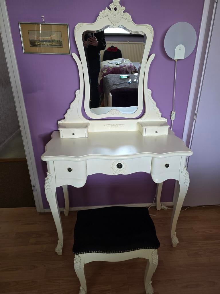 Vintage kaptafel met spiegel en krukje, Ophalen, Gebruikt, 100 tot 150 cm, 50 tot 100 cm