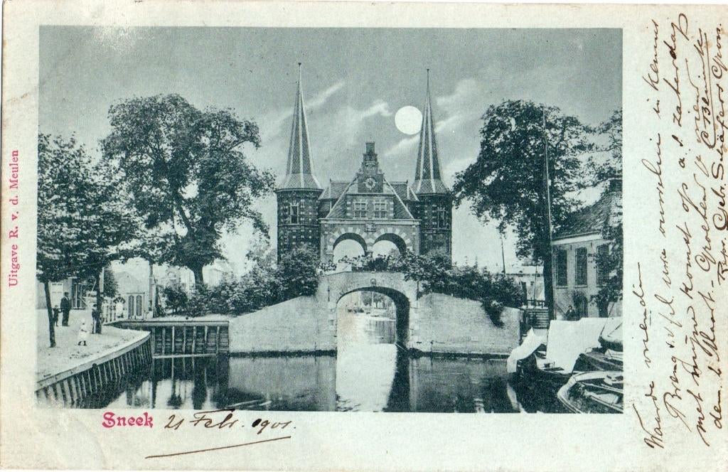 Sneek, Waterpoort met maanlicht. 6090, Verzamelen, Ansichtkaarten | Nederland, Verzenden, Voor 1920, Gelopen, Friesland