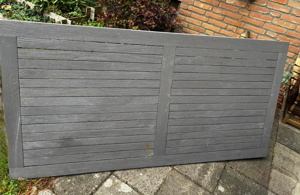 Houten (tuin)tafelblad. Ca 2x1 meter Grijs, Ophalen, Gebruikt