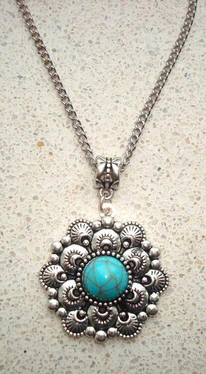 Ketting met hanger met turquoise steentje, Sieraden, Tassen en Uiterlijk, Kettingen, Nieuw, Overige materialen, Zilver, Met hanger