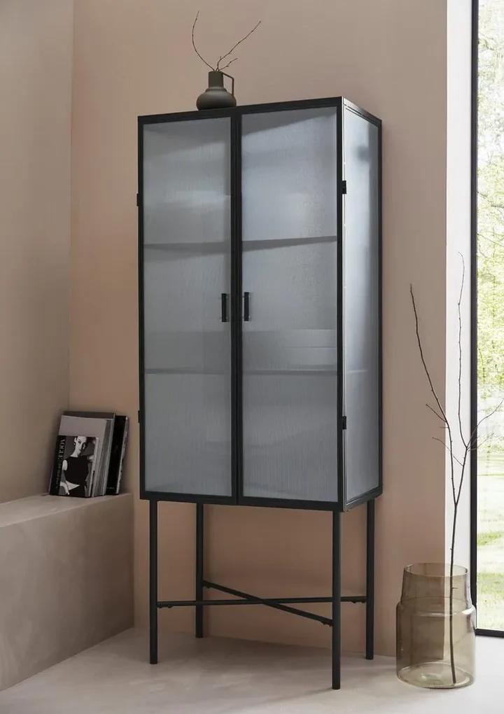 Stijlvolle Zwarte Vitrinekast met Geribbeld Glas, Huis en Inrichting, Kasten | Vitrinekasten, Ophalen, 50 tot 100 cm, Zo goed als nieuw